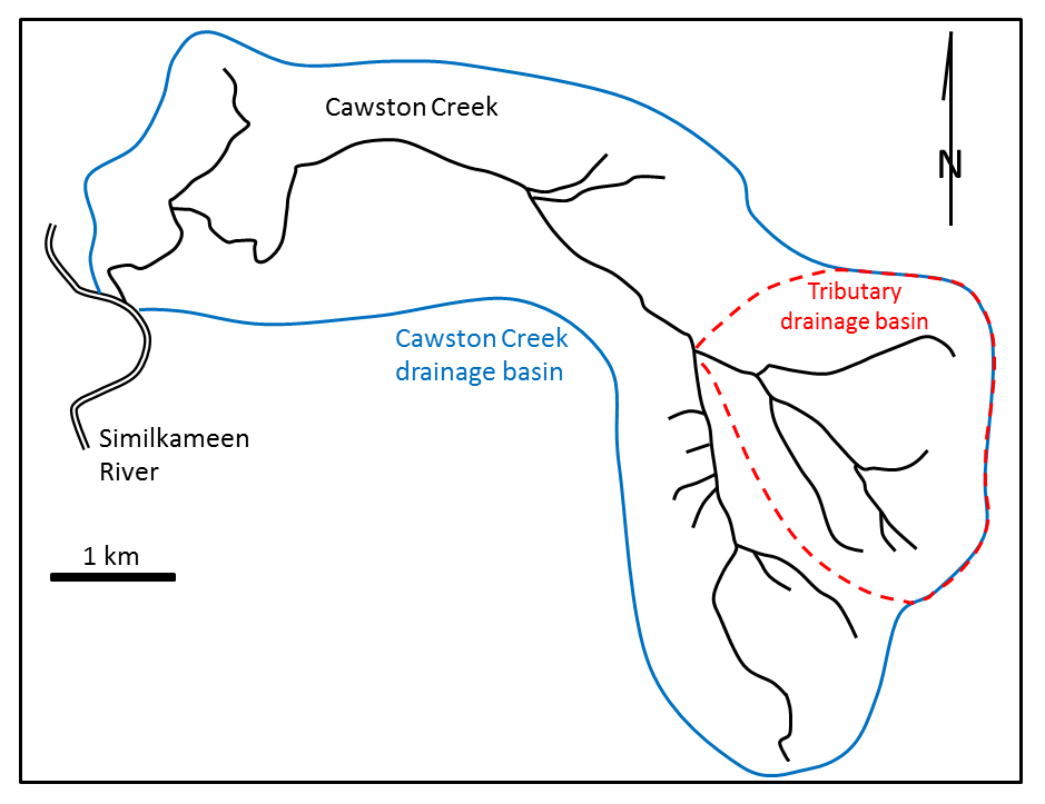 Figure 13.4 Cawston Creek near Keremeos, B.C. The blue line shows the extent of the drainage basin. The dashed red line is the drainage basin of one of its tributaries. [SE]
