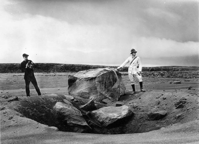 Volcanic block weighing approximately 7 tonnes thrown 1 km from the Halema‘uma‘u crater at Kīlauea Volcano on May 18, 1924. Source: U. S. Geological Survey (1924) Public Domain