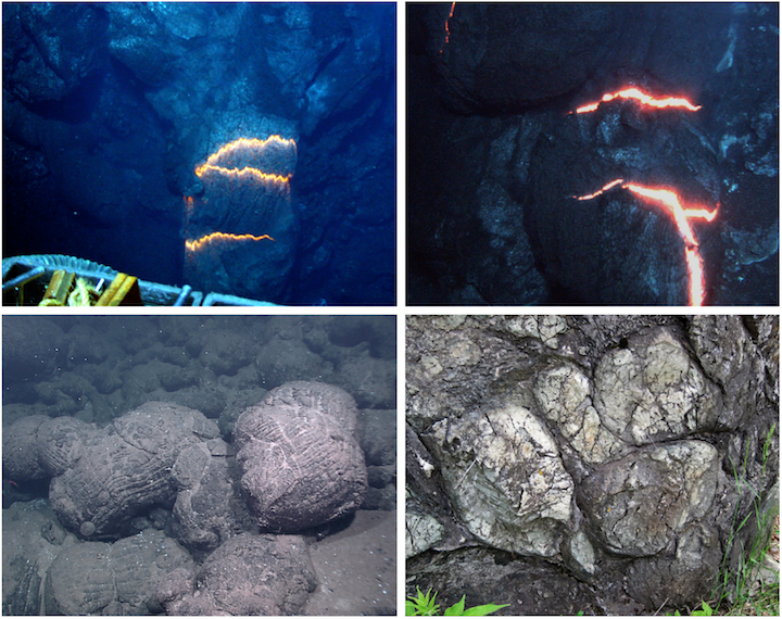 Pillow lavas. Top left: A tube of lava extruding underwater. Hot lava can be seen through cracks in the wall of the tube. The image is approximately 1 m across. (Pacific Ocean, near Fiji). Top right: The rounded end of a lava tube with cracks showing the lava within. (Pacific Ocean, near Fiji). Bottom left: sea floor covered with pillow lavas near the Galápagos Islands. Bottom right: A boulder made of 2.7 billion year old pillow lavas, derived from the Ely Greenstone in north-eastern Minnesota. Sources: Top left: NSF and NOAA (2010) CC BY 2.0; Top right: NSF and NOAA (2010) CC BY 2.0; Bottom left: NOAA Okeanos Explorer Program, Galápagos Rift Expedition 2011 (2011) CC BY 2.0; Bottom right: James St. John (2015) CC BY 2.0.