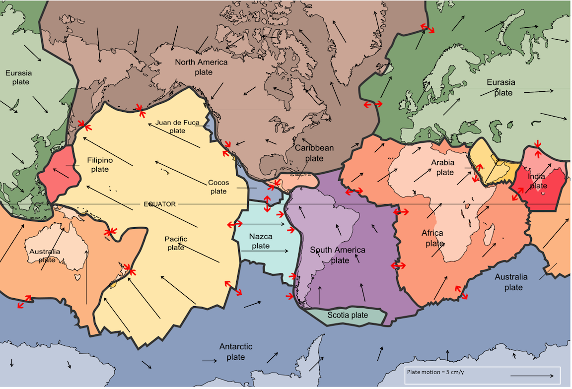 A map of the world with large irregular shapes drawn on to show tectonic plates. 