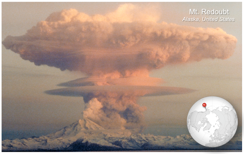 Plinian eruption of Mt. Redoubt in Alaska on April 21, 1990.