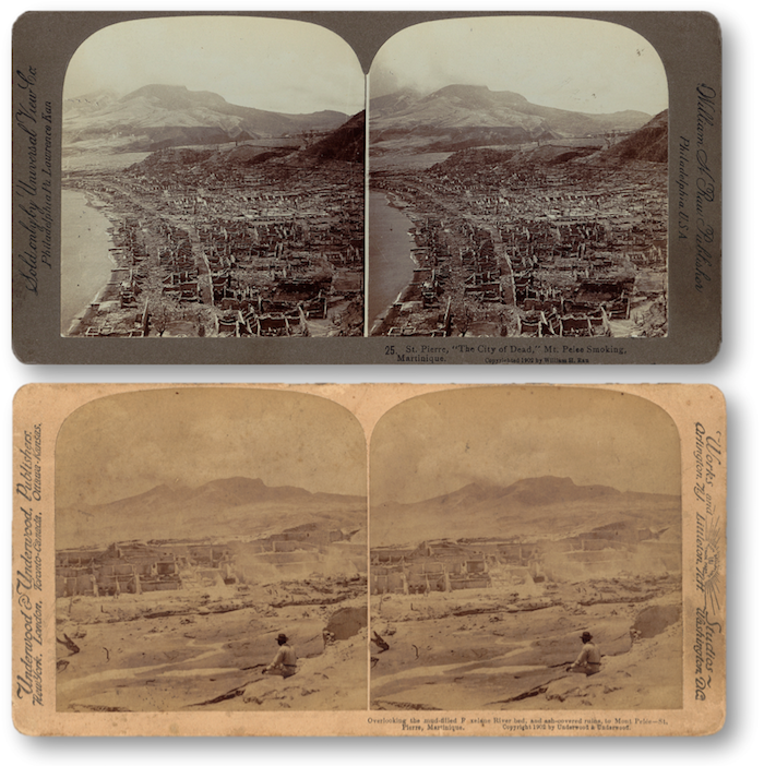 Two stereographs of the ruins of St. Pierre, published in 1902. Stereographs are viewed with a stereoscope to make an image appear three dimensional. Top- "St. Pierre, 'the city of dead,' Mt. Pelee smoking, Martinique"; Bottom- "Overlooking the mud-filled Roxelane River bed, and ash-covered ruins, to Mont Pelée, St. Pierre, Martinique."
