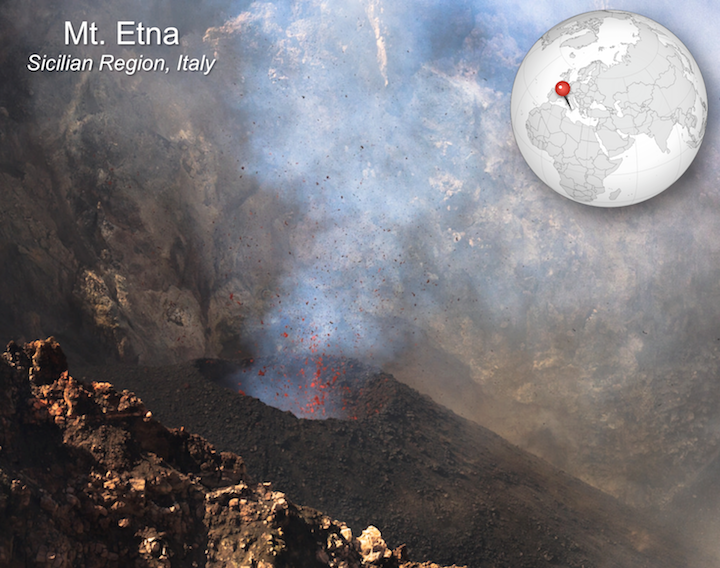 Strombolian eruption of Mt. Etna. Sputtering lava forms a smaller cinder cone around a vent within the crater of Etna.