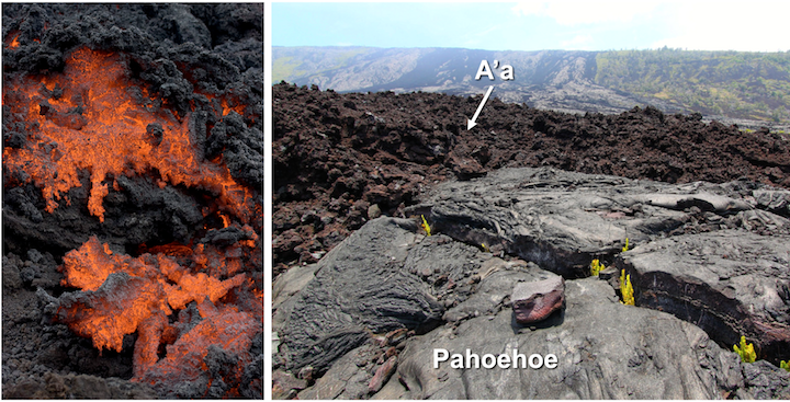 Aa lava flows. Left: Close-up view of aa forming during an eruption of Pacaya Volcano in Guatemala. Field of view approximately 1 m across. Right: Rubbly reddish-brown aa lava flow viewed from Chain of Craters Road, Hawai’i Volcanoes National Park. Pahoehoe is visible in the foreground. Sources: Photo of Hawaiian aa and pahoehoe: Roy Luck (2009) CC BY 2.0; Pacaya aa: Greg Willis (2008) CC BY-SA 2.0