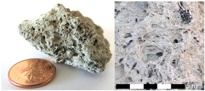 Lapilli-sided pumice fragment collected from the shores of Lake Atitlán in Guatemala by H. Herrmann. The lake is a flooded caldera, and is surrounded by active volcanoes. Right: magnified view showing vesicular structure and amphibole crystals (dark patches). Source: Karla Panchuk (2017) CC BY 4.0