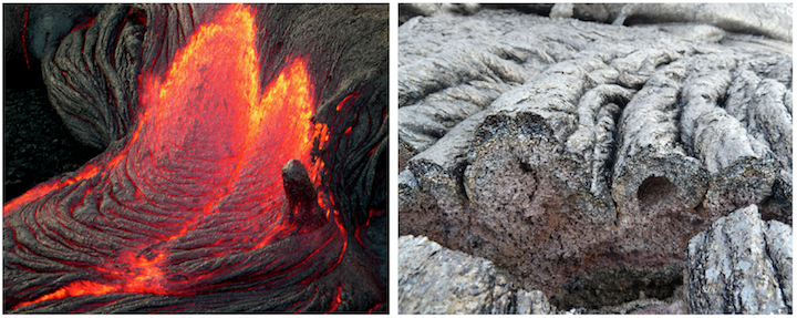 Ropy lava (pahoehoe) from Hawaii. Left: Ropy texture forming as a thin surface layer of lava cools and is wrinkled by the motion of lava flowing beneath it (near). Right: Cross-section view of ropy lava. Sources: Left: Z. T. Jackson (2005) CC BY NC-ND 2.0; Right: Fiddledydee (2011) CC BY-NC 2.0.