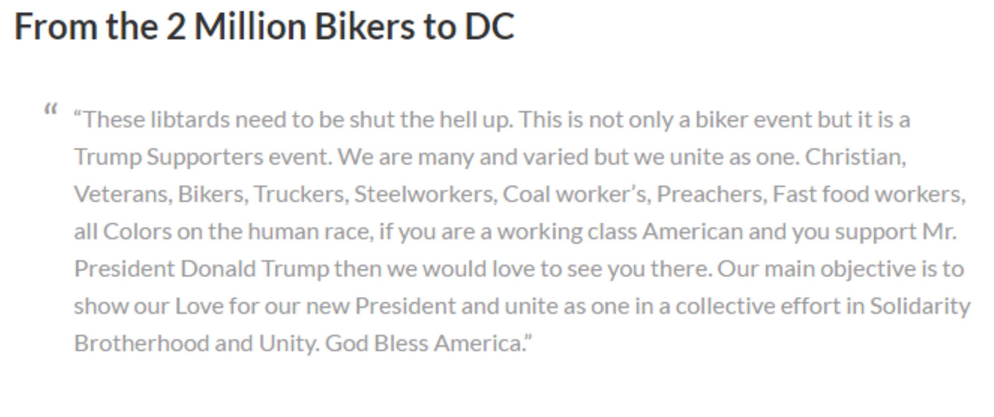 Text reading \"These libtards need to shut the hell up. This is not only a biker event, but it is a Trump Supporters event. We are many and varied but we unite as one.\"
