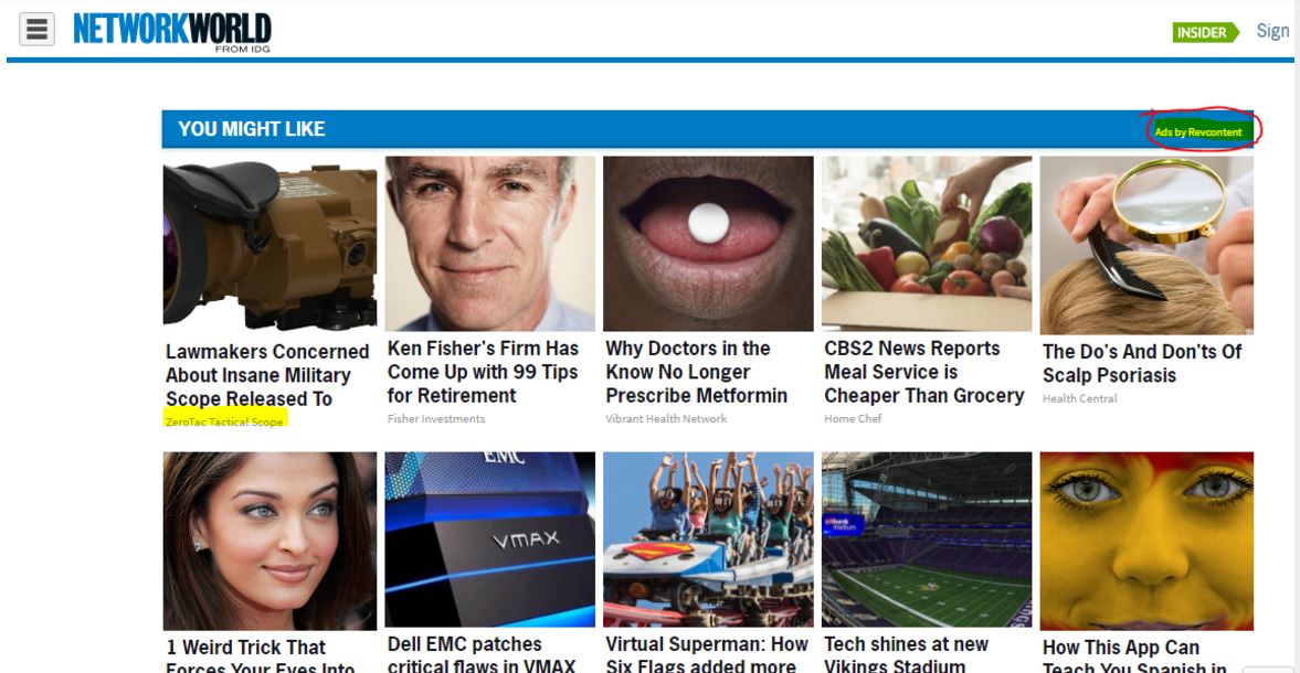 A screenshot of a section of a page from NetworkWorld. The page is filled with what look like stories, but in tiny letters at the top it says \"Ads by RevContent\"