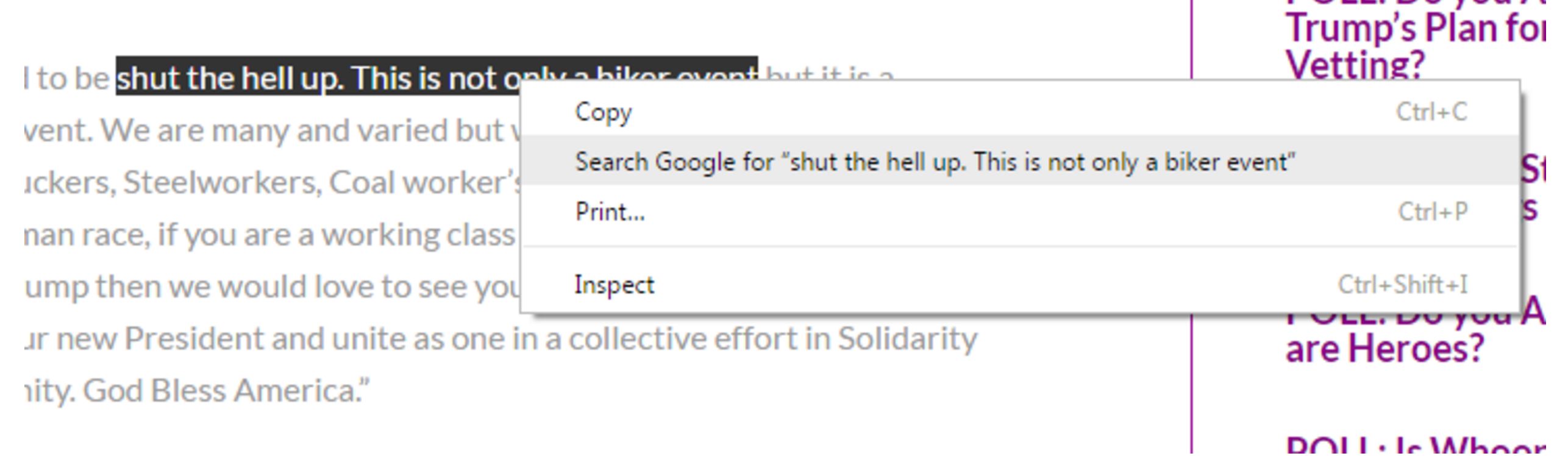 Screenshot of selecting \"shut the hell up. This is not only a biker event\"