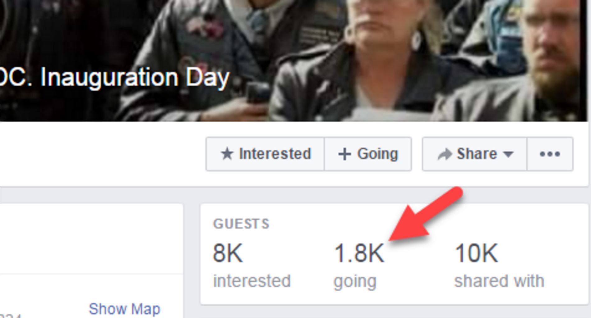 Screenshot of bikers Facebook page. 8,000 people have indicated interest. only 1,800 have indicated that they are going.