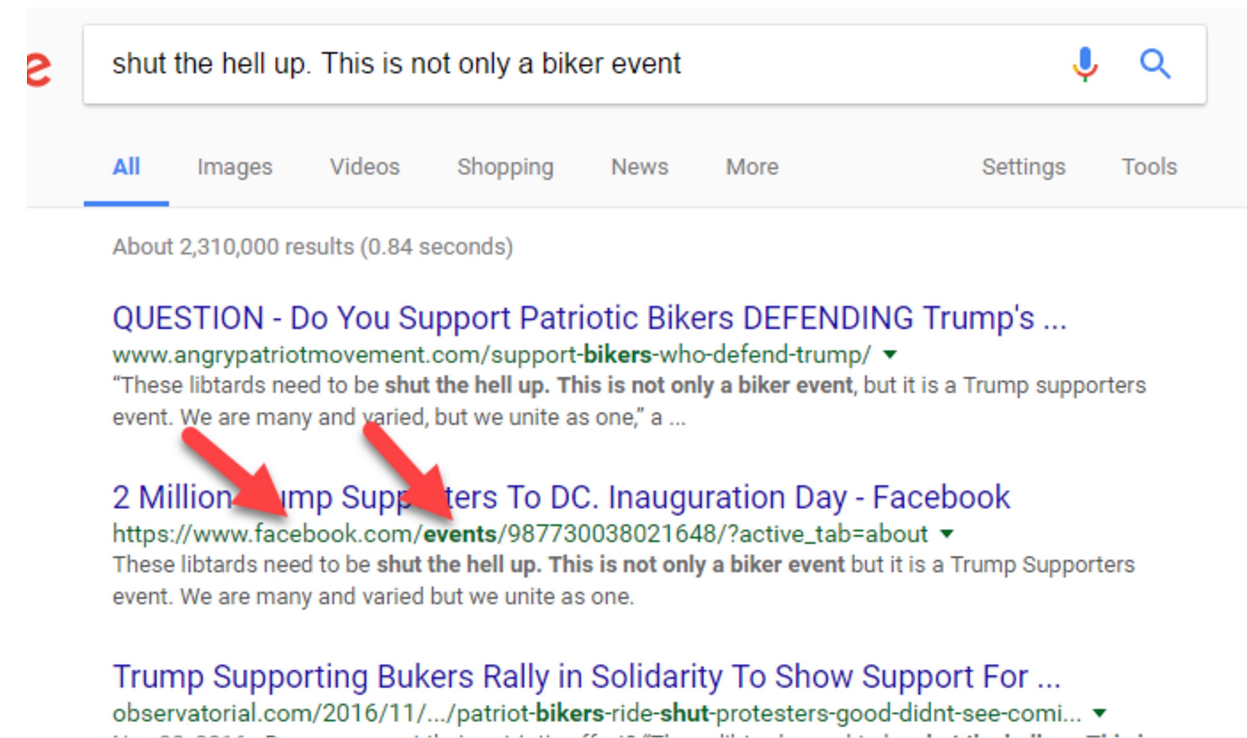 Screenshot with arrows point to the second Google result. We can read the URL that Google provides under the link to the site, and see that it comes from 'facebook.com'.