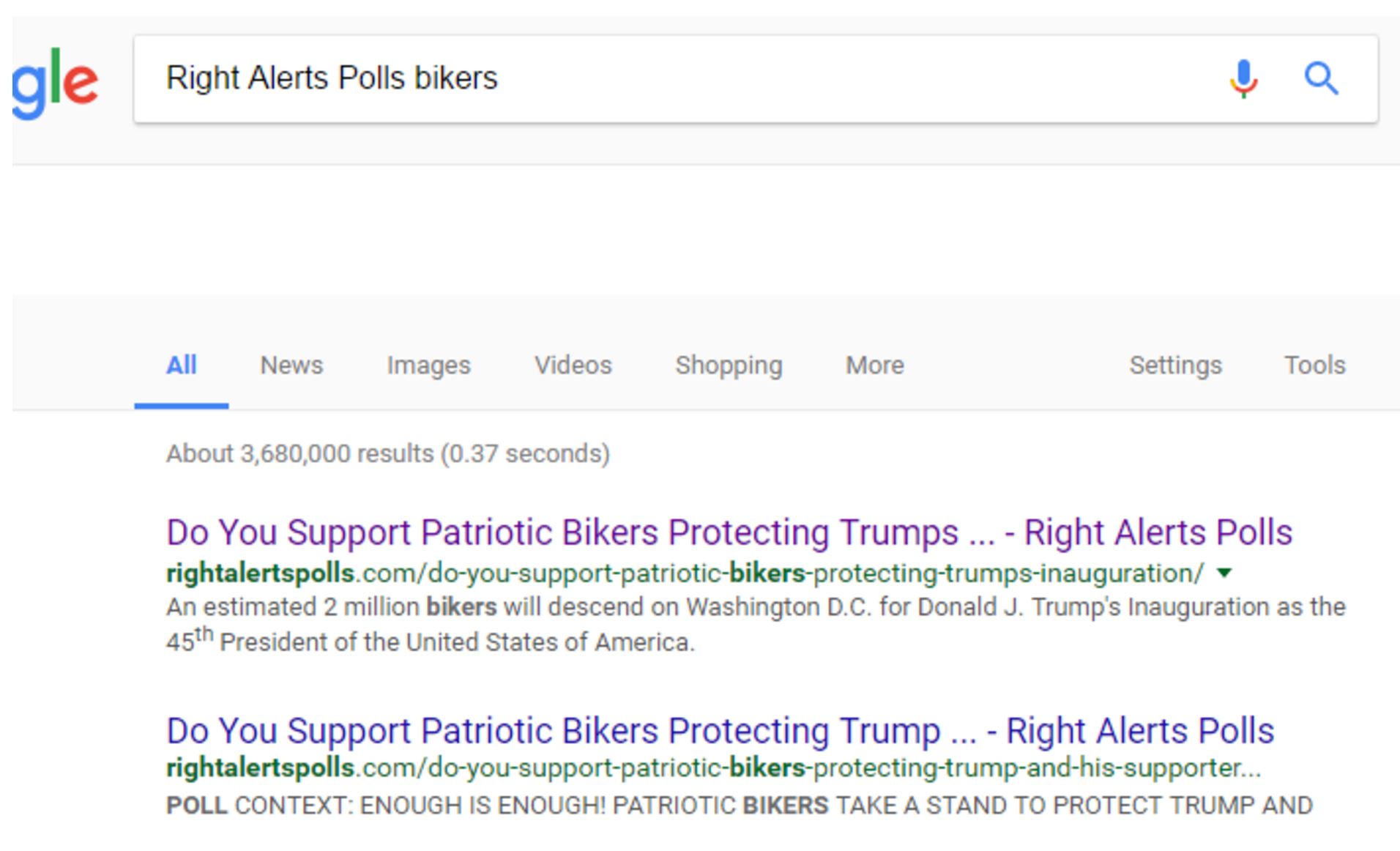 A Google search for \"Right Alerts Polls bikers\" reveals the article the other page cited as a source.