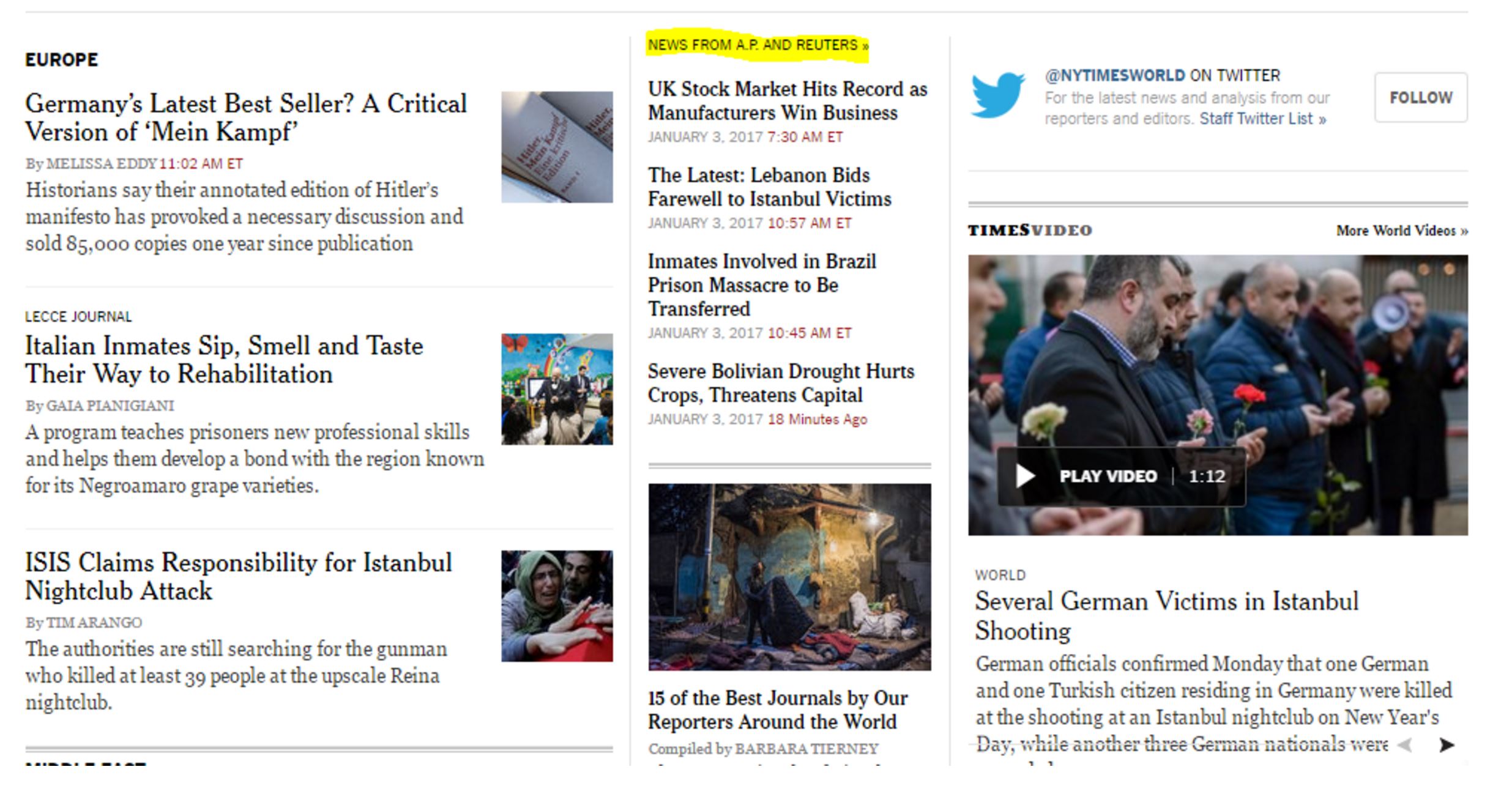 A screenshot of a New York Times webpage with many items on it. In the middle column of items, a small \"News from AP and Reuters\" tops the column.