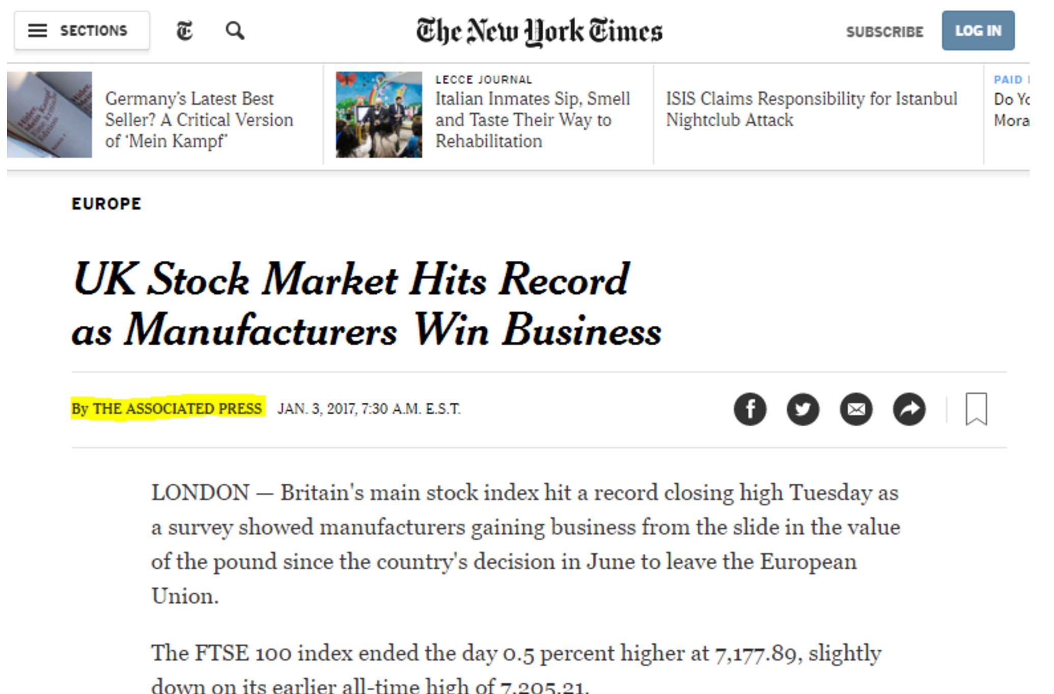 New York Times article with headline \"UK Stock Market Hits Record as Manufacturers Win Business\". Where a reporters name might usually appear under the headline is a small \"by the Associated Press\"