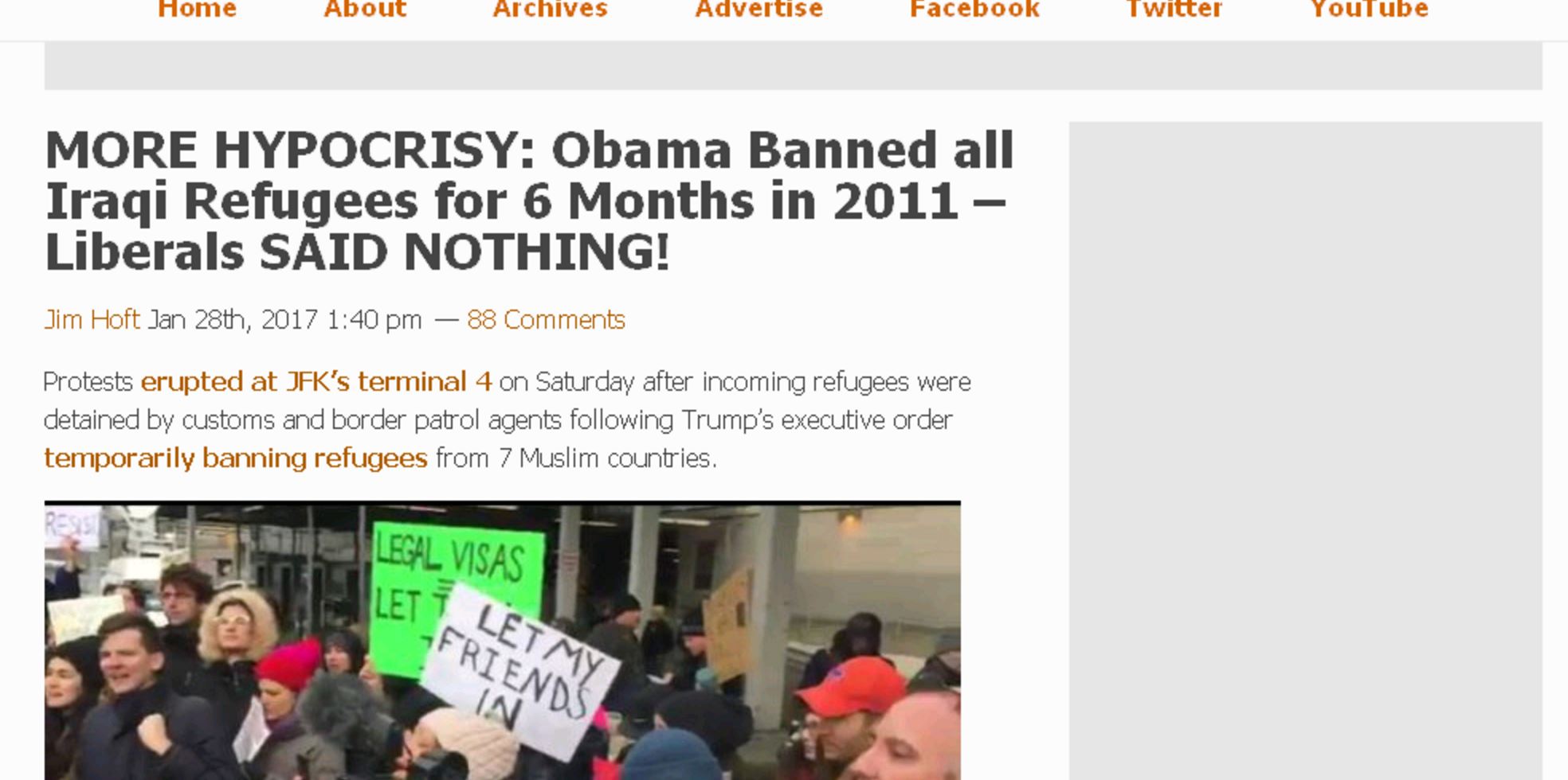 Screenshot of article with headline reading \"MORE HYPOCRISY: Obama Banned all Iraqi Refugees for 6 Months in 2011 - Liberals SAID NOTHING!\"