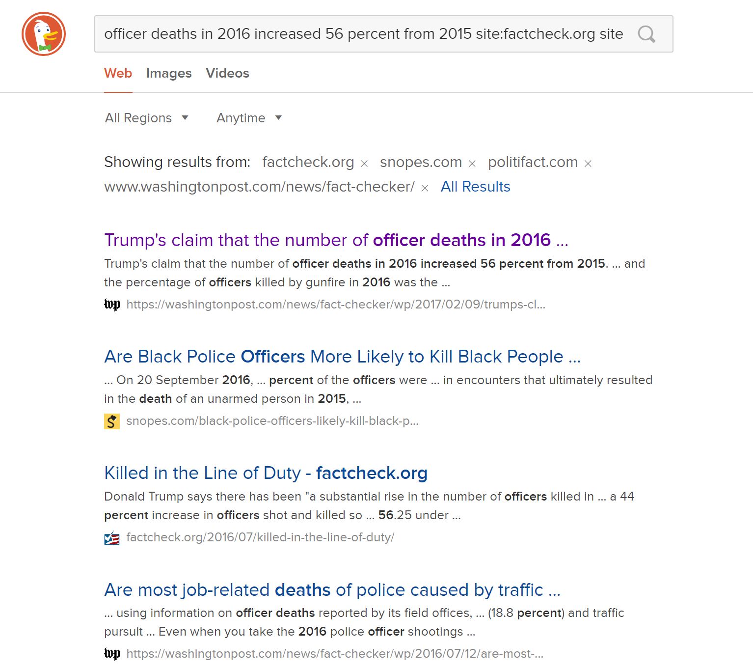Duck Duck Go search results. The search returns numerous articles from fact-checkers checking this specific claim.