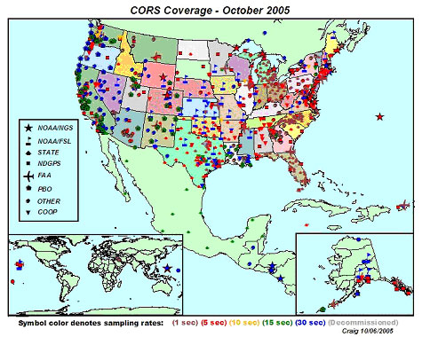 US map showing CORS coverage as of October 2005