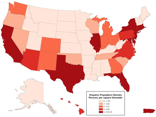 A US graduated color (choropleth) map showing hispanic population density for each state
