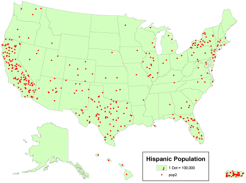 A US dot density map showing hispanic population