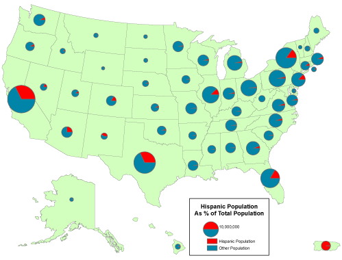 A US pie chart map showing hispanic population as a percent of total population for each state