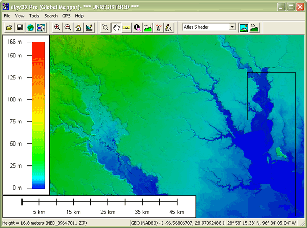 A portion of the National Elevation Dataset viewed in Global Mapper software