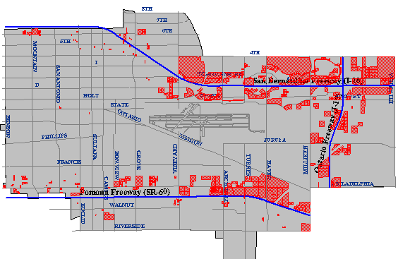 Map of property parcels within one mile buffer of a highway in Ontario California