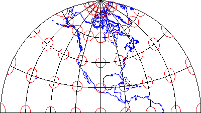 Polyconic map projection with ellipses that illustrate distortion pattern characteristic of a compromise projection