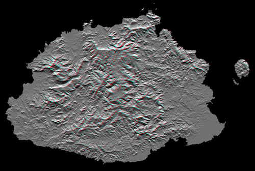 Anaglyph stereo image of terrain surface of Fiji mapping by Shuttle Radar Topography Mission