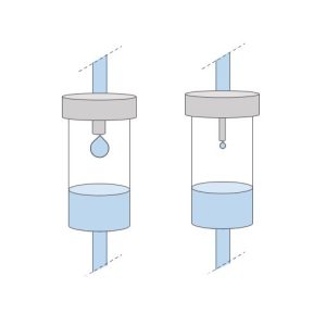 Two cylindrical drop chambers of two different IV sets. The drop chamber to the left has a large drop and the drop chamber to the right has a small drop.