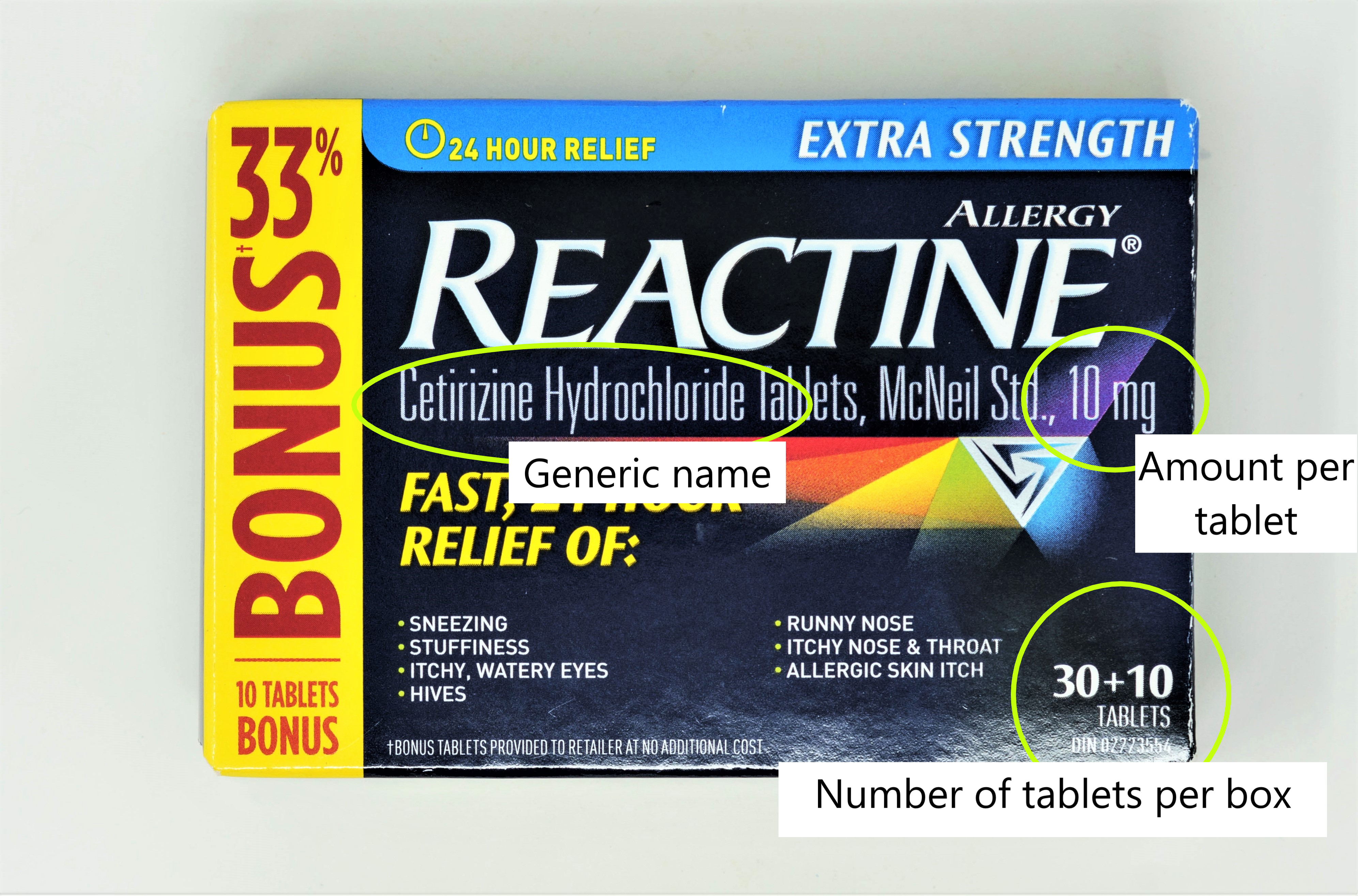 Packaging for Reactine. Cetirizine Hydrochloride Tables, 10 mg. 40 tablets.