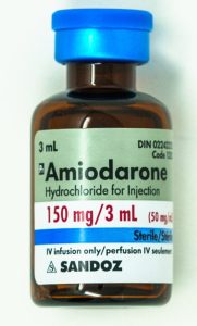 A vial labelled Amidarone. 3 mL. 150 mg per 3 mL.