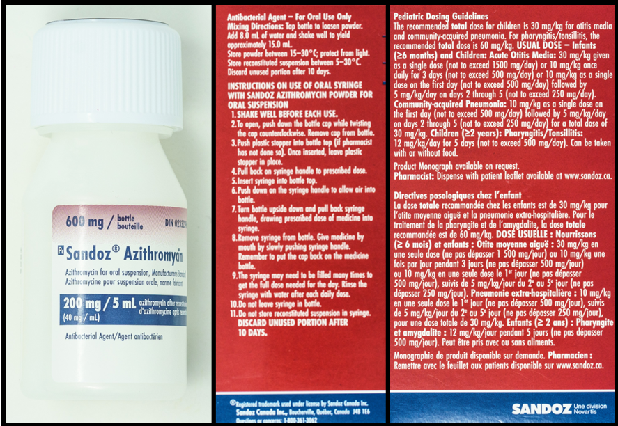A bottle of azithromycin and package.