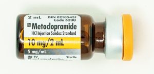 A vial labelled meoclopramide. 2 mL. 10 mg per 2 mL.