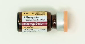 A vial labelled Phenytoin. 2 mL. 100 mg per 2 mL.