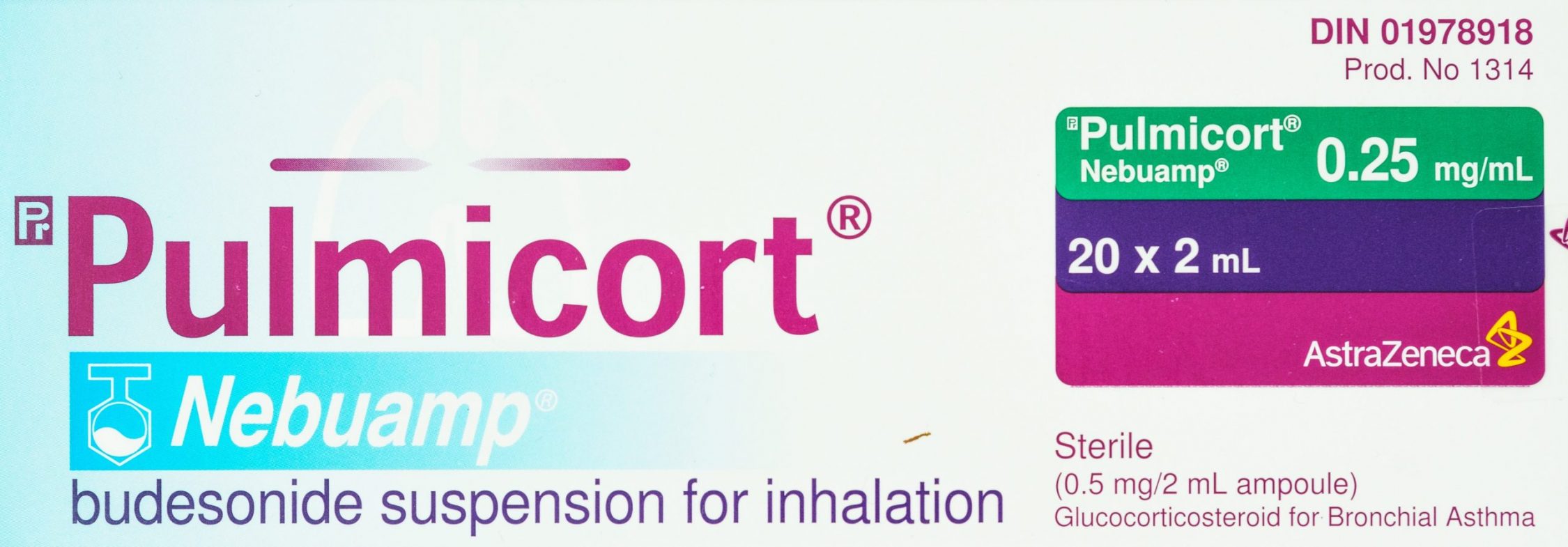 Pulmicort packaging. Budesonide suspension for inhilation. 0.25 mg/mL. 20 2mL ampoules.