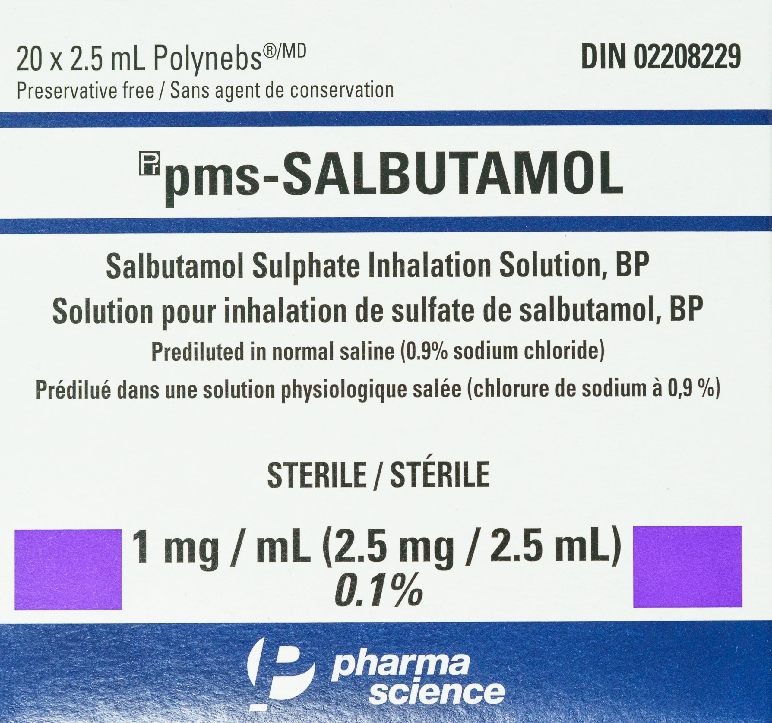 Packaging for pms-Salbutamol. 20 times 2.5mL Polynebs. 2.5 mg/2.5 mL.