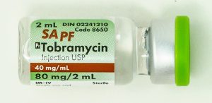 A vial labelled Tobramycin. 2mL. 40 mg per mL.