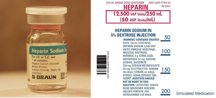 A vial of Heparin Sodium with addition image of ingredients label.