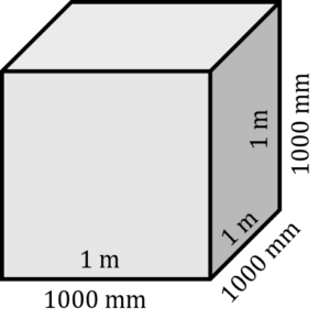 A cube where each side is 1 meter or 1000 millimetres.