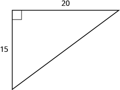 A right triangle is shown. The right angle is marked with a box. One of the sides touching the right angle is labeled as 15, the other as 20.