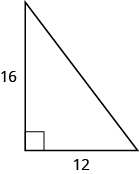 A right triangle is shown. The right angle is marked with a box. One of the sides touching the right angle is labeled as 16, the other as 12.
