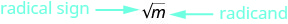 The image shows the variable m inside a square root symbol. The symbol is a line that goes up along the left side and then flat above the variable. The symbol is labeled “radical sign”. The variable m is labeled “radicand”.