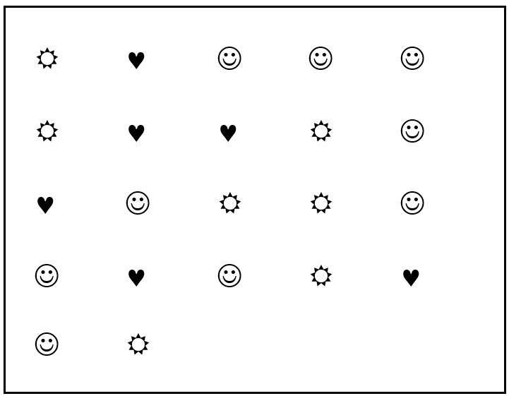 Different shapes. There are 6 hearts, 7 suns, and 9 smilie faces.