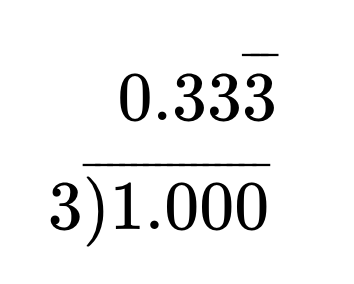 A long division equation showing that 1 divided by 3 equals 0.333 repeating.