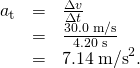 \begin{array}{lll}{a}_{\text{t}}& =& \frac{\Delta v}{\Delta t}\\ & =& \frac{\text{30.0 m/s}}{\text{4.20 s}}\\ & =& \text{7.14}\phantom{\rule{0.25em}{0ex}}{\text{m/s}}^{2}.\end{array}