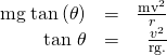 \begin{array}{rrr}\text{mg}\phantom{\rule{0.25em}{0ex}}\text{tan}\left(\theta \right)& =& \frac{{\mathrm{mv}}^{2}}{r}\\ \text{tan}\phantom{\rule{0.25em}{0ex}}\theta & =& \frac{{v}^{2}}{\text{rg.}}\end{array}