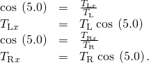 \begin{array}{lll}\text{cos}\phantom{\rule{0.25em}{0ex}}\left(5.0º\right)& =& \frac{{T}_{\text{L}x}}{{T}_{\text{L}}}\\ {T}_{\text{L}x}& =& {T}_{\text{L}}\phantom{\rule{0.25em}{0ex}}\text{cos}\phantom{\rule{0.25em}{0ex}}\left(5.0º\right)\\ \text{cos}\phantom{\rule{0.25em}{0ex}}\left(5.0º\right)& =& \frac{{T}_{\text{R}x}}{{T}_{\text{R}}}\\ {T}_{\text{R}x}& =& {T}_{\text{R}}\phantom{\rule{0.25em}{0ex}}\text{cos}\phantom{\rule{0.25em}{0ex}}\left(5.0º\right).\end{array}