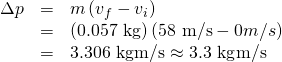 \begin{array}{lll}\Delta p& =& m\left({v}_{f}-{v}_{i}\right)\\ & =& \left(\text{0.057 kg}\right)\left(\text{58 m/s}-0 m/s\right)\\ & =& 3\text{.306 kg}·\text{m/s}\approx \text{3.3 kg}·\text{m/s}\end{array}