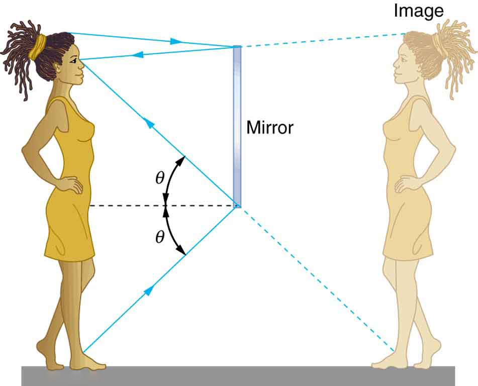A girl stands in front of a mirror and looks into the mirror for her image. The light rays from her feet and head fall on the mirror and get reflected following the law of reflection: the angle of incidence theta is equal to the angle of reflection theta.