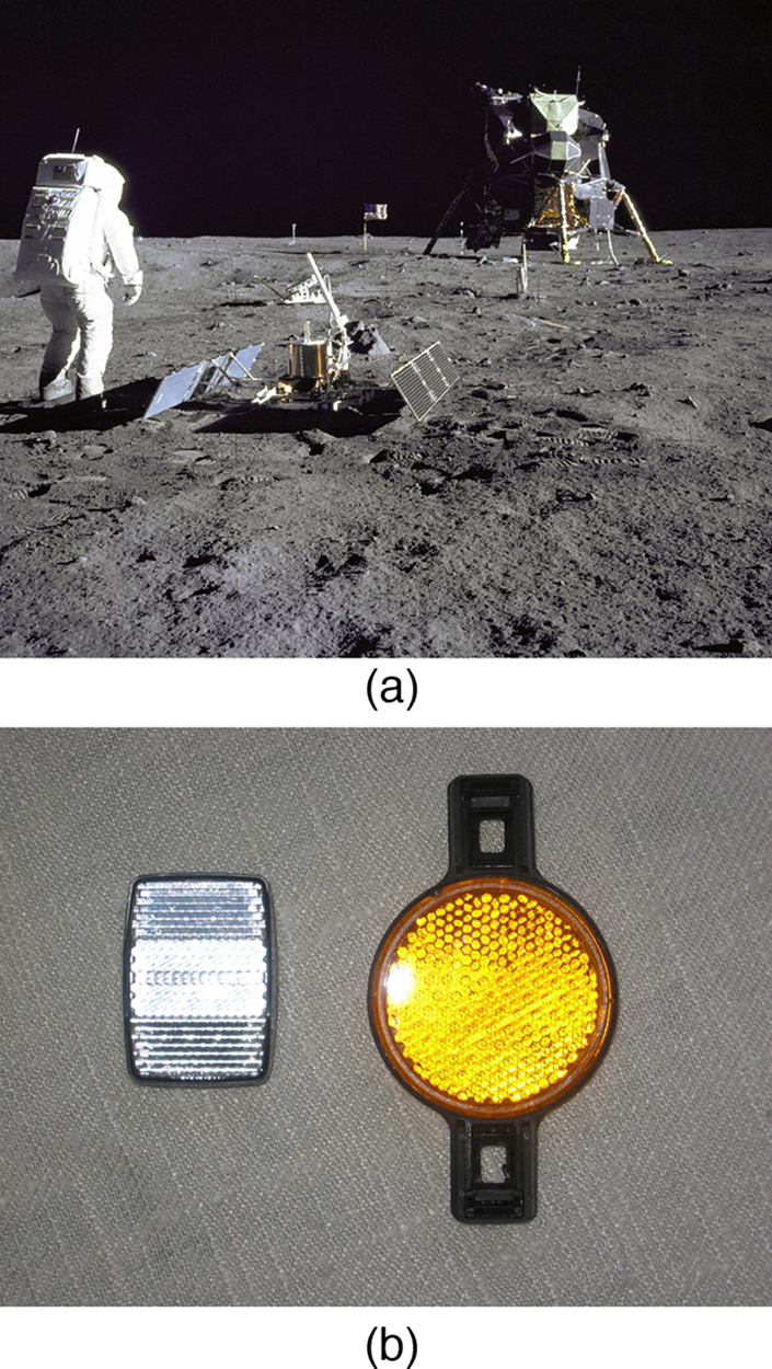 Picture (a) shows the lunar expedition with the astronauts and their space shuttle. Picture (b) shows rectangular and round shaped bicycle reflectors.